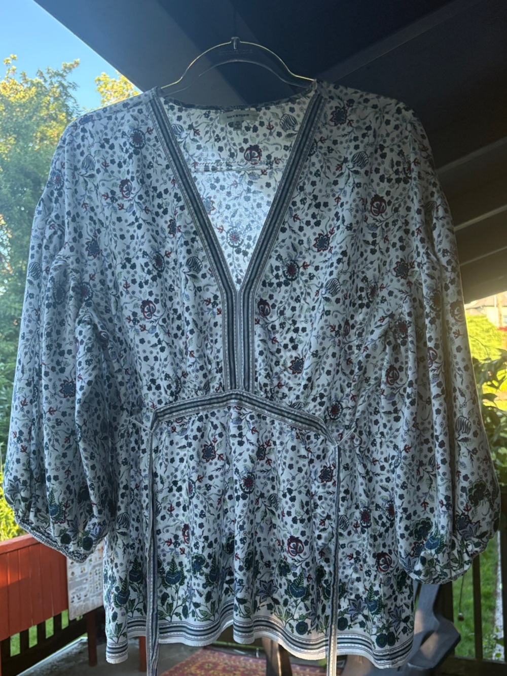 Max Studio White Peasant Blouse with Blue & Burgundy Floral Print